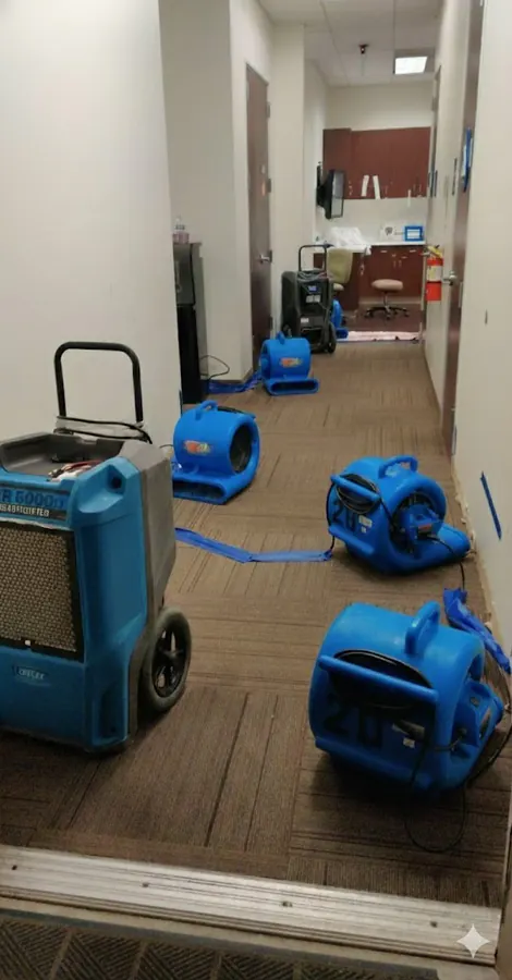 Commercial office water damage restoration with industrial air movers and dehumidifiers