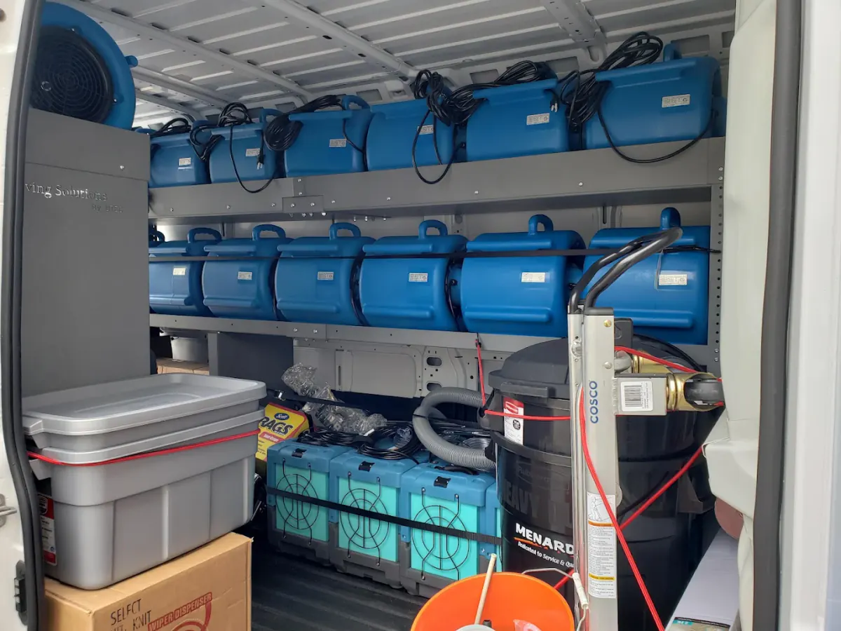 Rapid Clean Restoration van loaded with professional water damage drying equipment