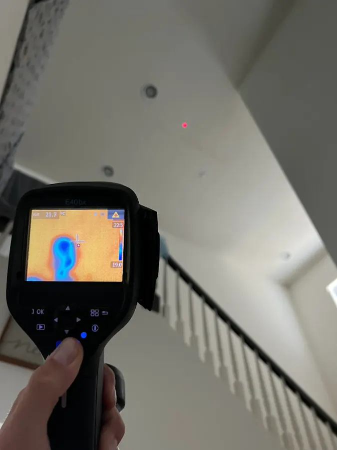 Technician using FLIR thermal camera to detect hidden moisture behind walls