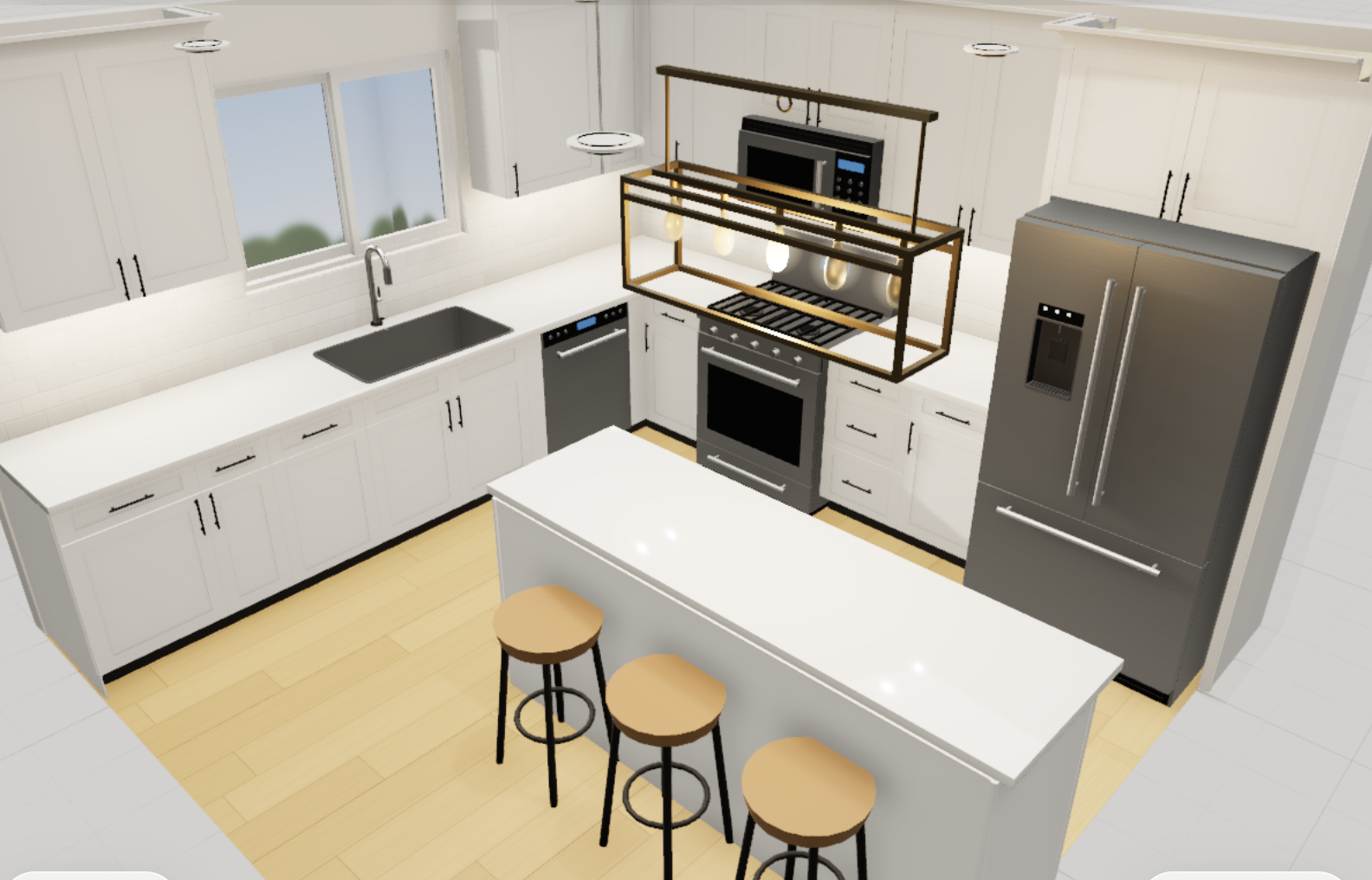 White shaker kitchen with a quartz-style island, contrasting hardware and warm flooring, designed in the RCR kitchen studio